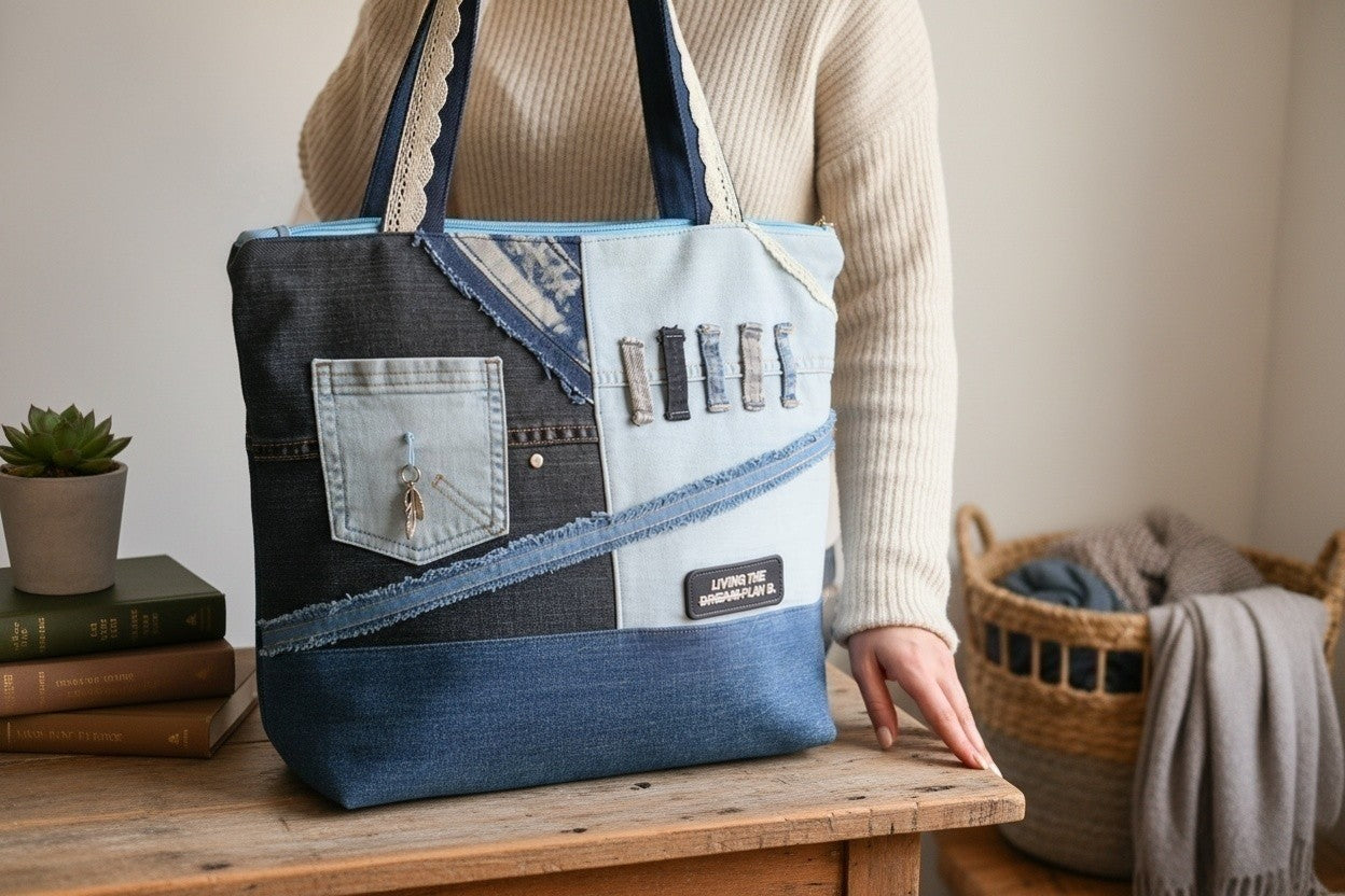 Tote bag denim upcyclé « Living the Dream »