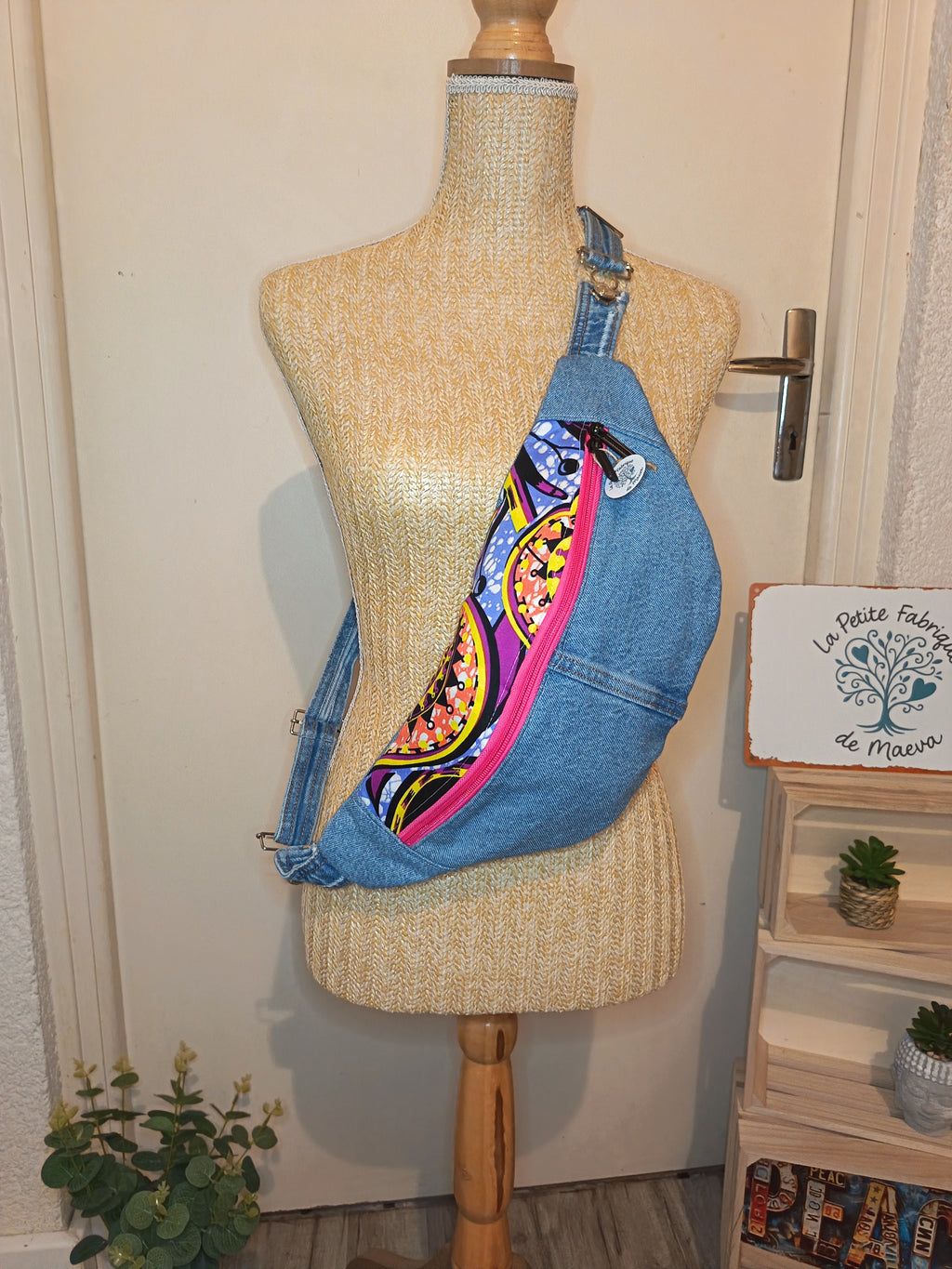 Sac Banane Jean & Tissu Imprimé Wax