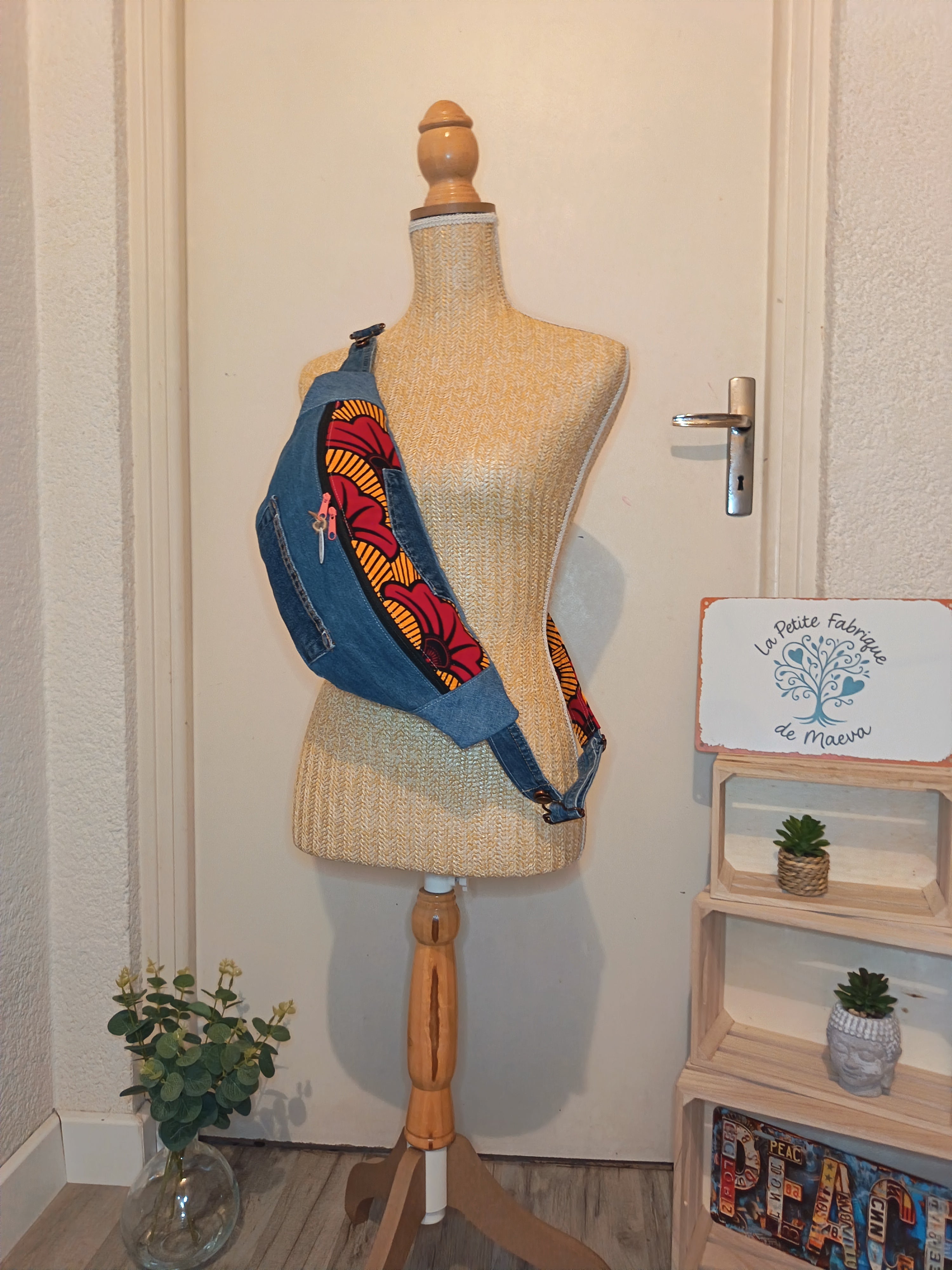 Sac Banane Jean & Tissu Imprimé Wax