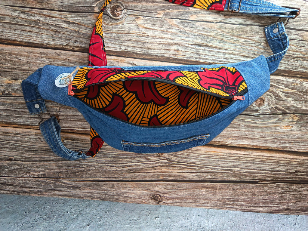 Sac Banane Jean & Tissu Imprimé Wax