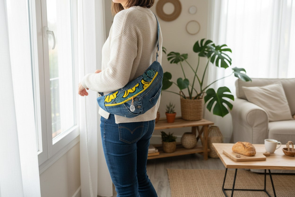 Sac Banane Jean & Tissu Imprimé Wax Jaune et Turquoise