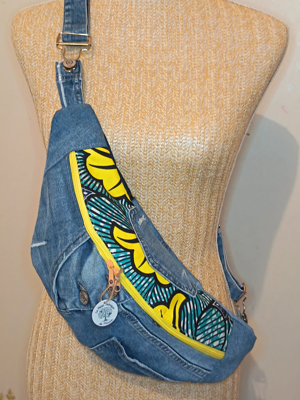 Sac Banane Jean & Tissu Imprimé Wax Jaune et Turquoise