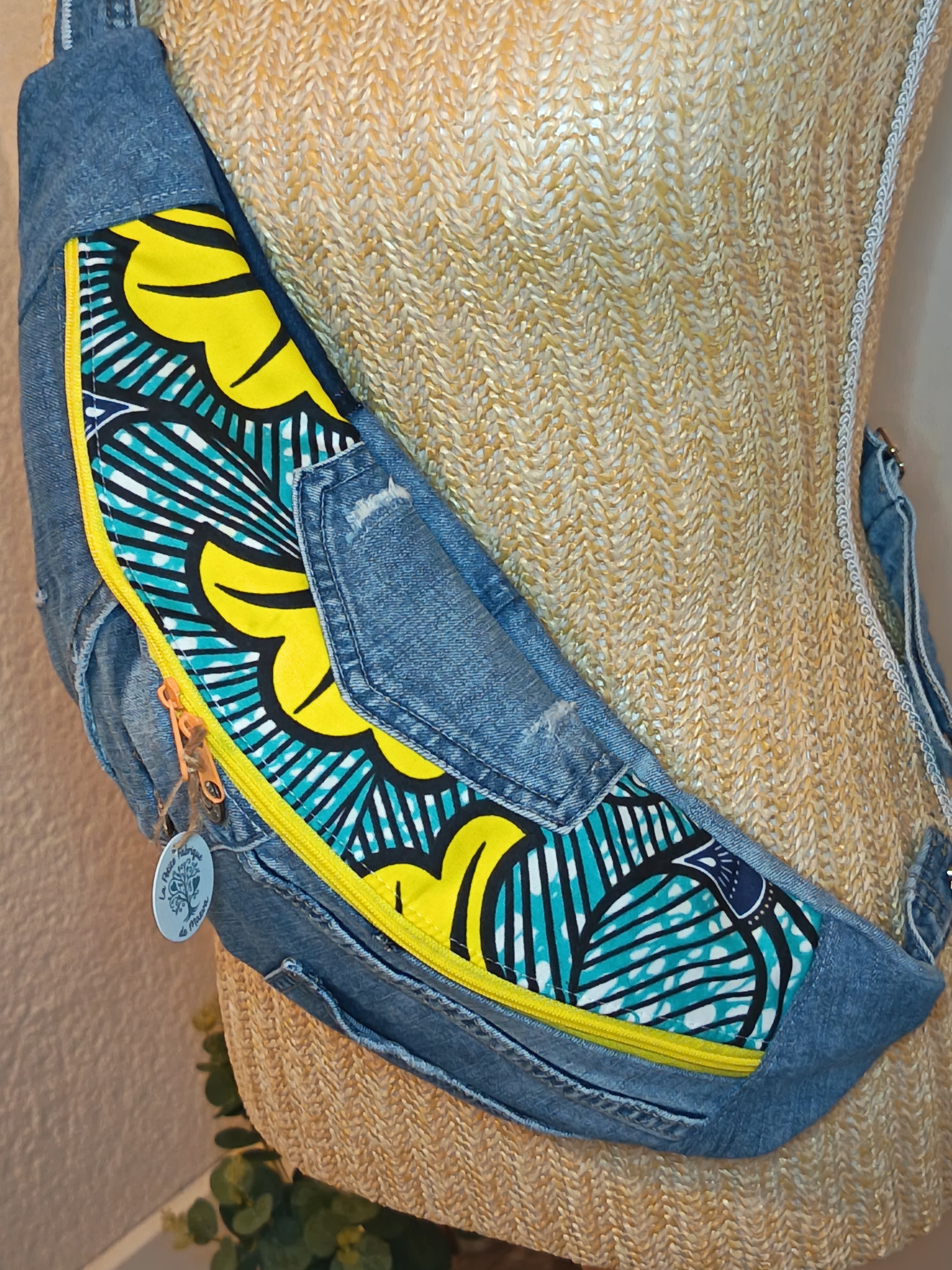Sac Banane Jean & Tissu Imprimé Wax Jaune et Turquoise