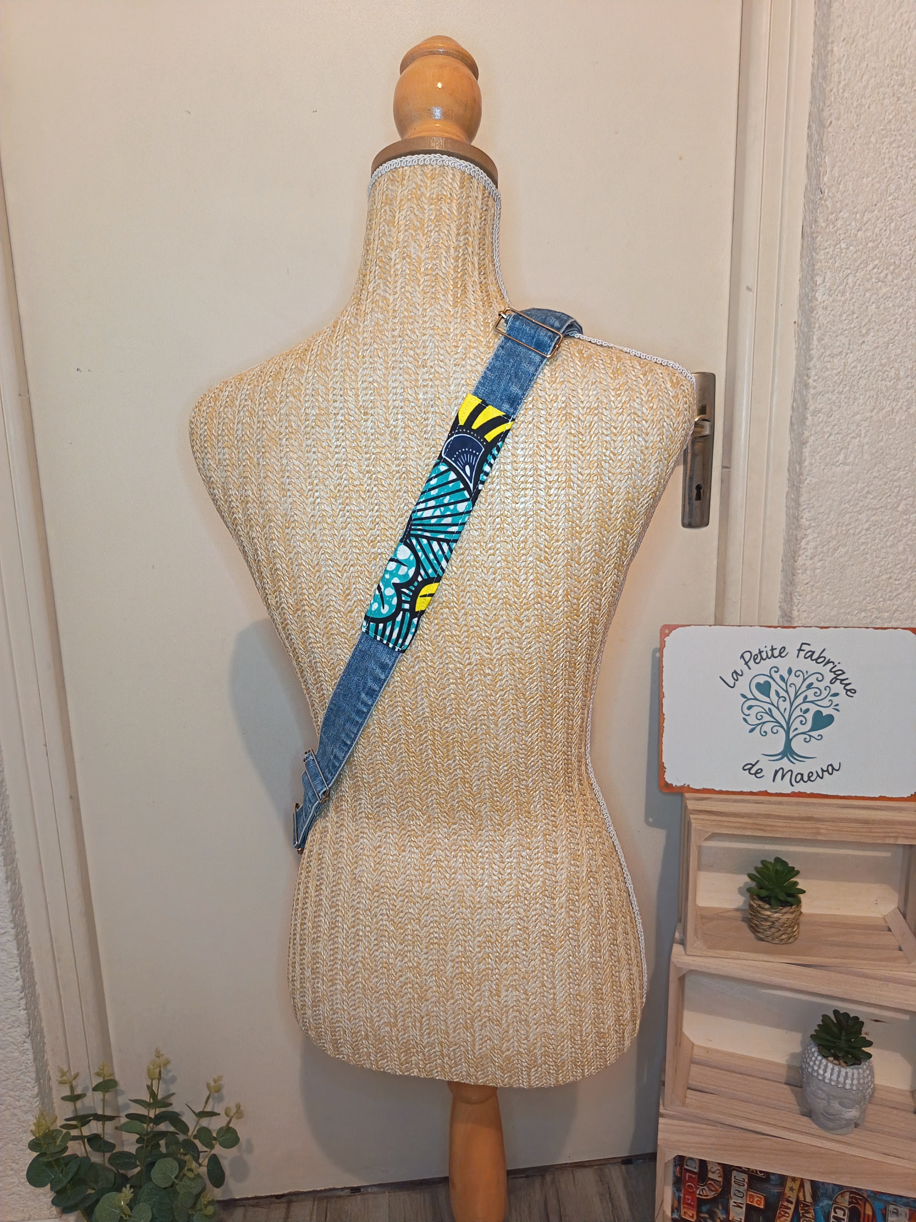 Sac Banane Jean & Tissu Imprimé Wax Jaune et Turquoise