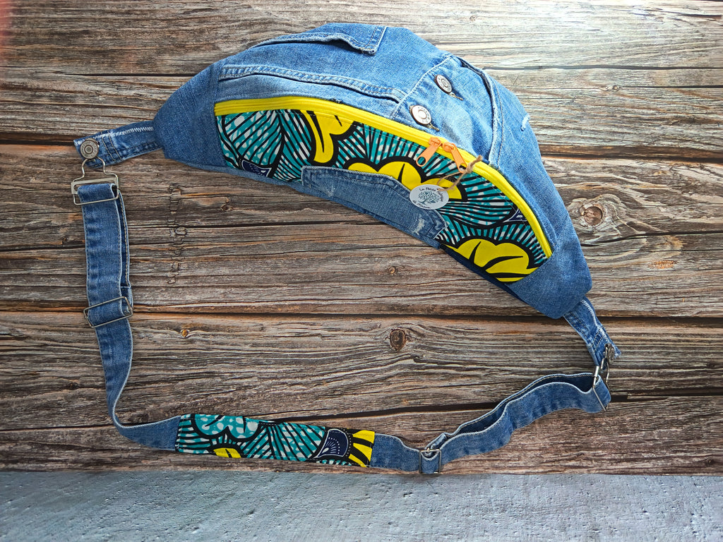 Sac Banane Jean & Tissu Imprimé Wax Jaune et Turquoise