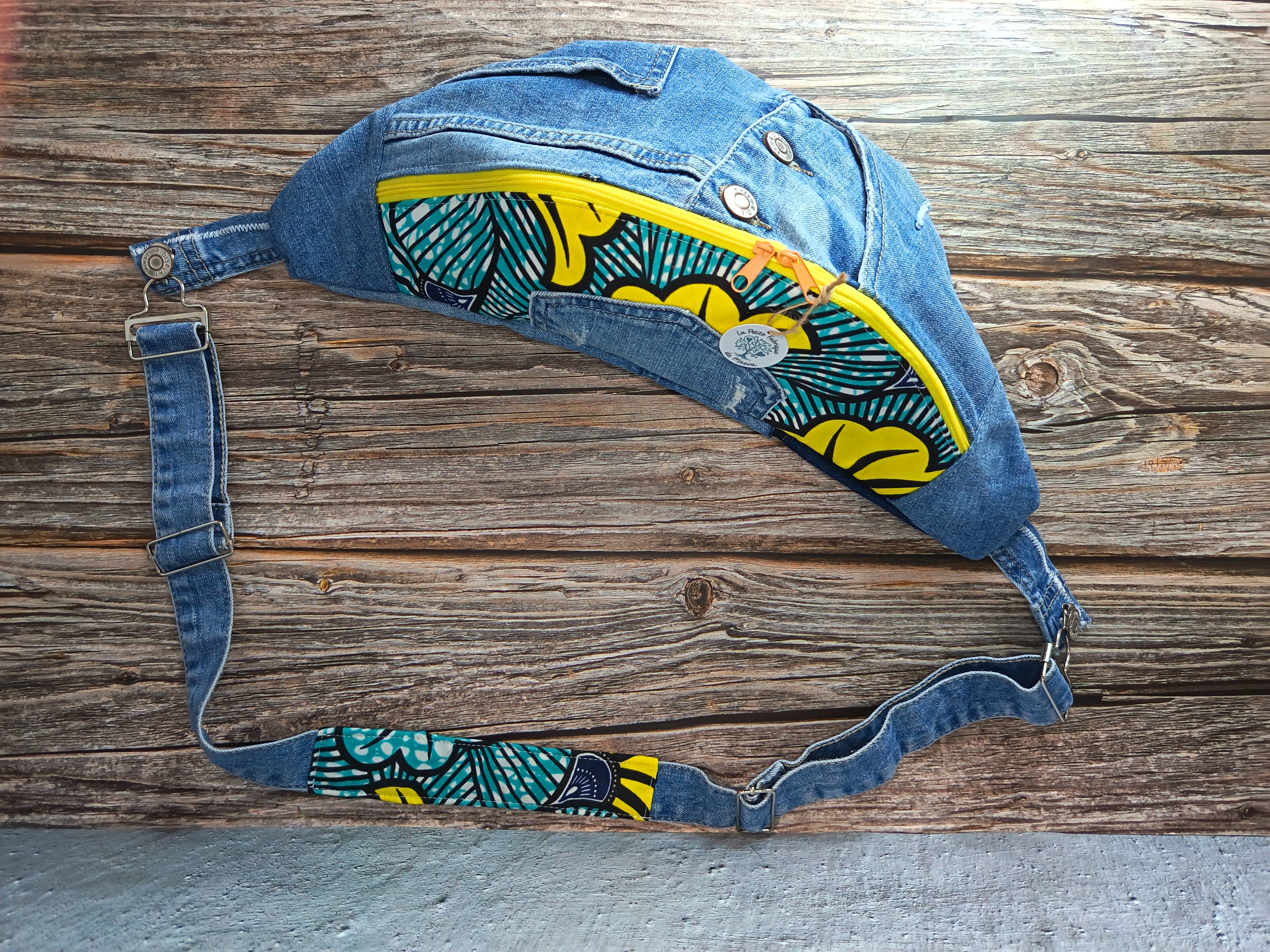 Sac Banane Jean & Tissu Imprimé Wax Jaune et Turquoise