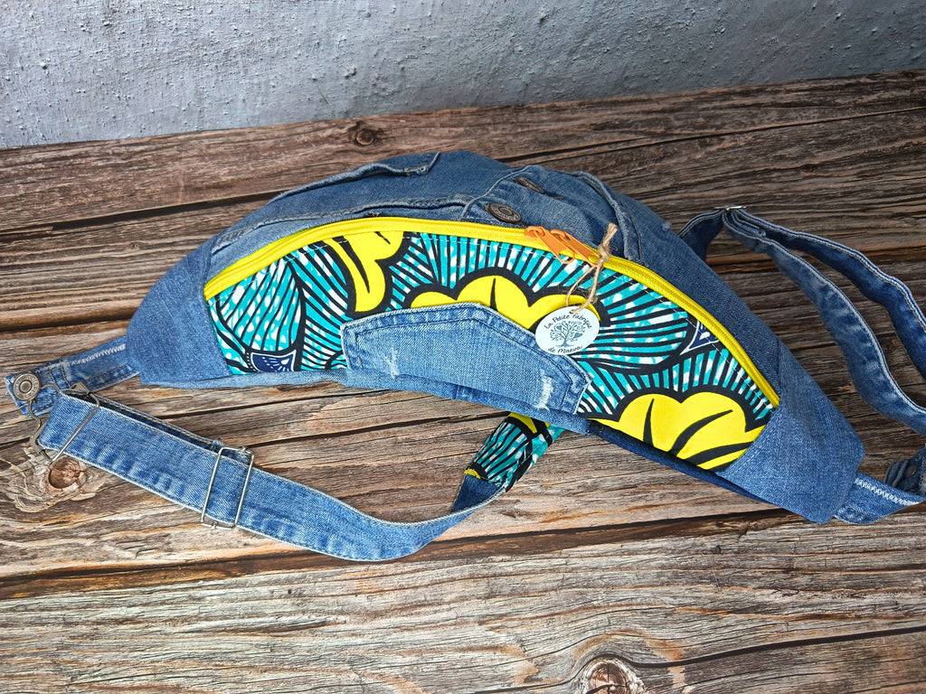 Sac Banane Jean & Tissu Imprimé Wax Jaune et Turquoise