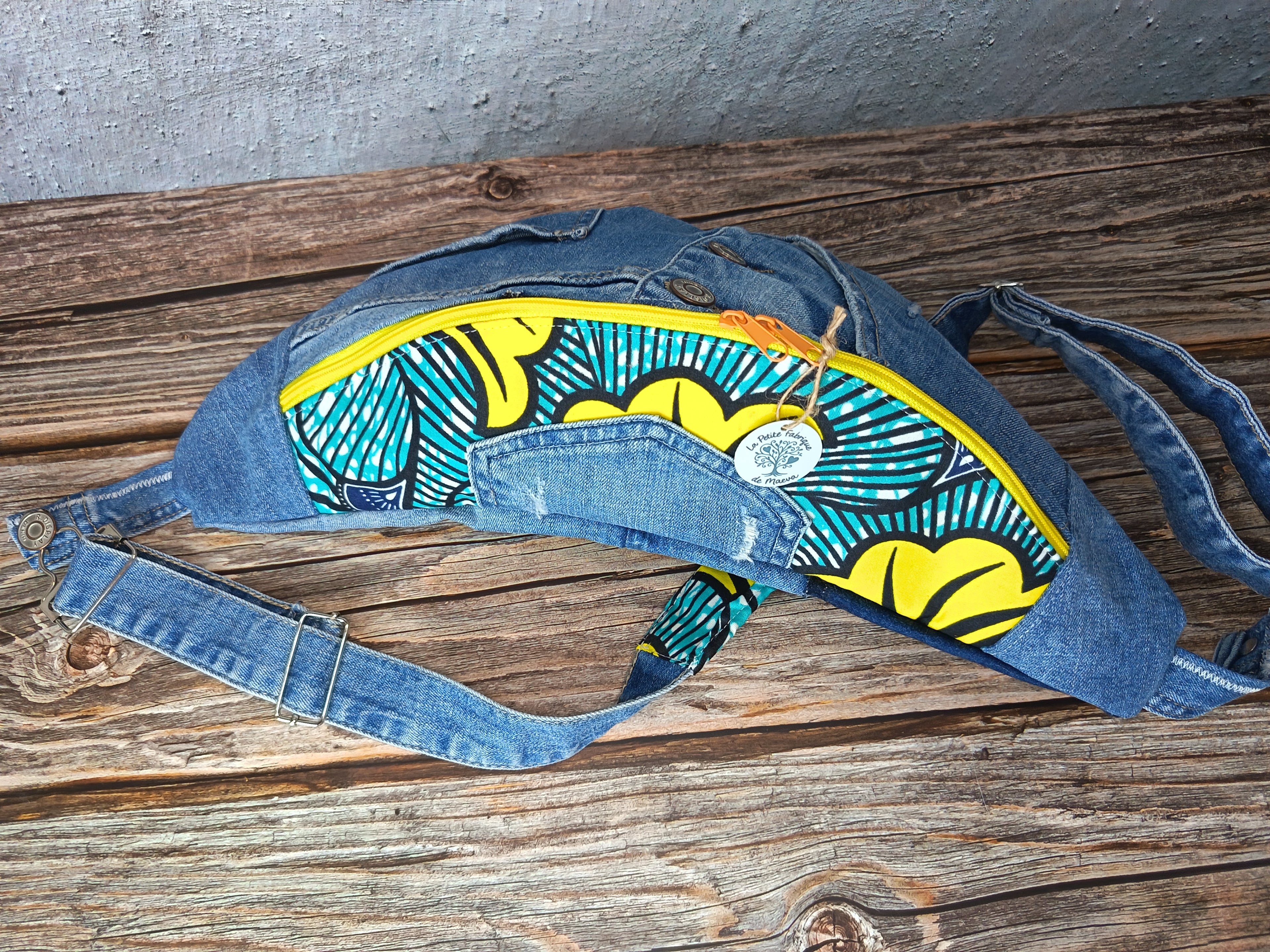 Sac Banane Jean & Tissu Imprimé Wax Jaune et Turquoise