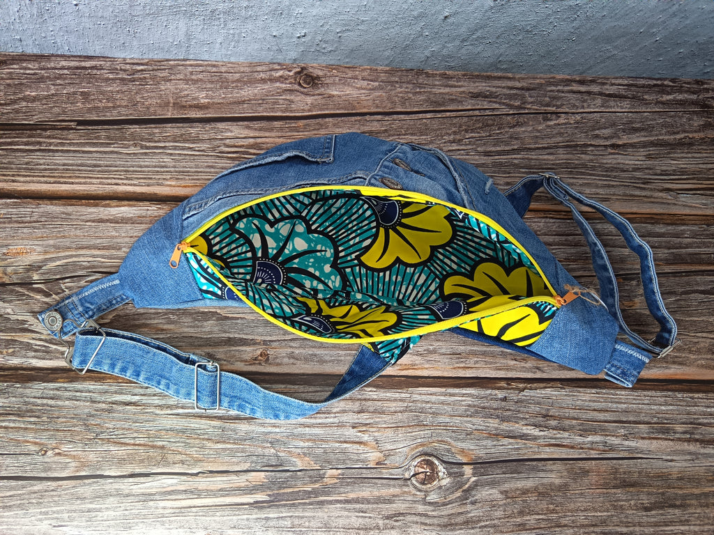 Sac Banane Jean & Tissu Imprimé Wax Jaune et Turquoise