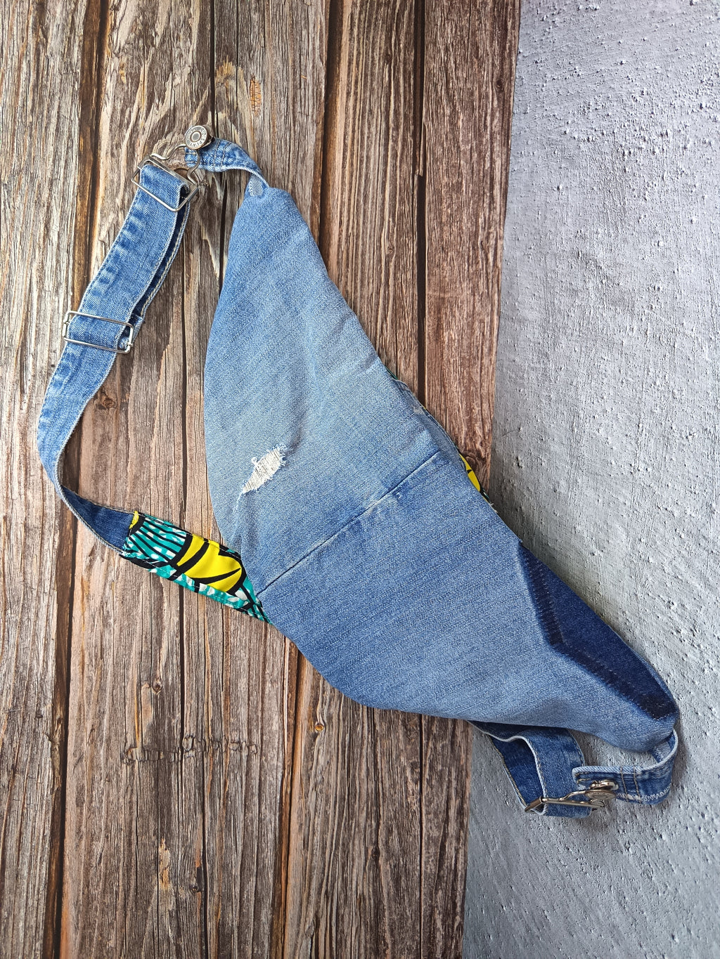 Sac Banane Jean & Tissu Imprimé Wax Jaune et Turquoise