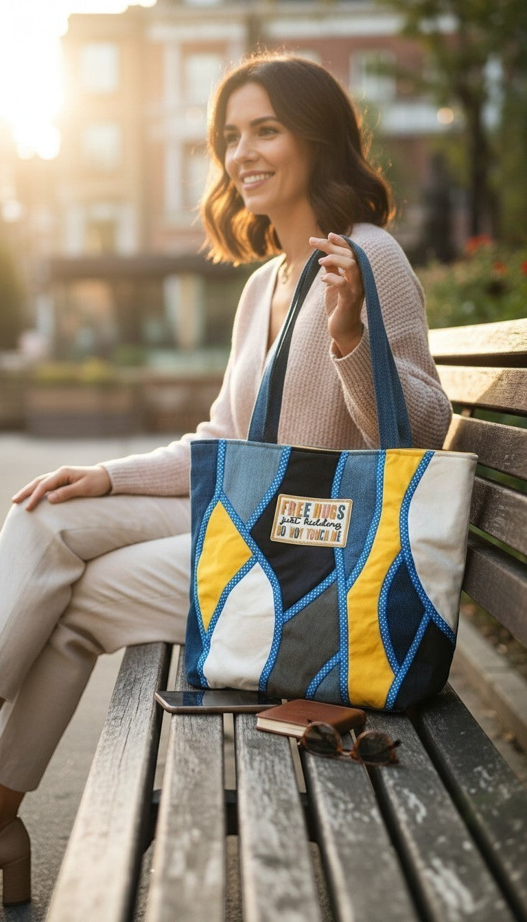 La Petite Fabrique de Maeva Sac fourre-tout patchwork en jean bleu, blanc, gris et jaune avec anses bleues. Patch "FREE HUGS".