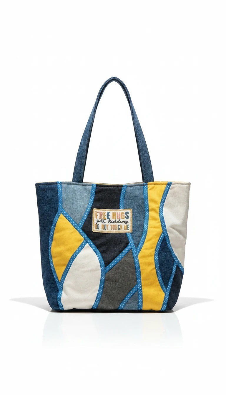 La Petite Fabrique de Maeva Sac fourre-tout patchwork en jean bleu, jaune, gris et blanc avec anses. Motif géométrique.